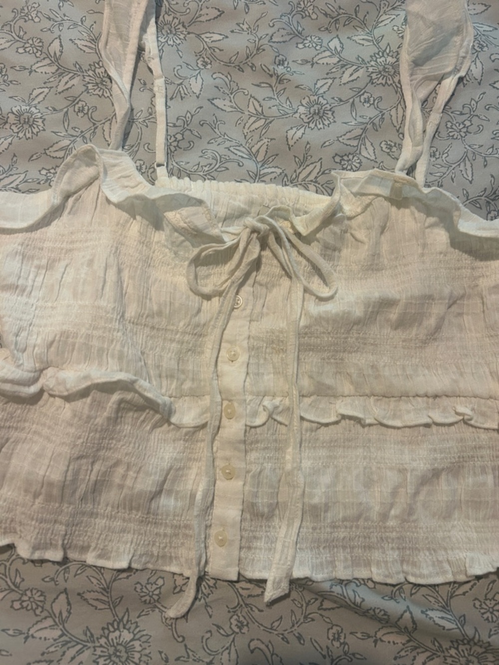White Ruffled Tie-Front Crop Tank Top - Picture 2 of 7